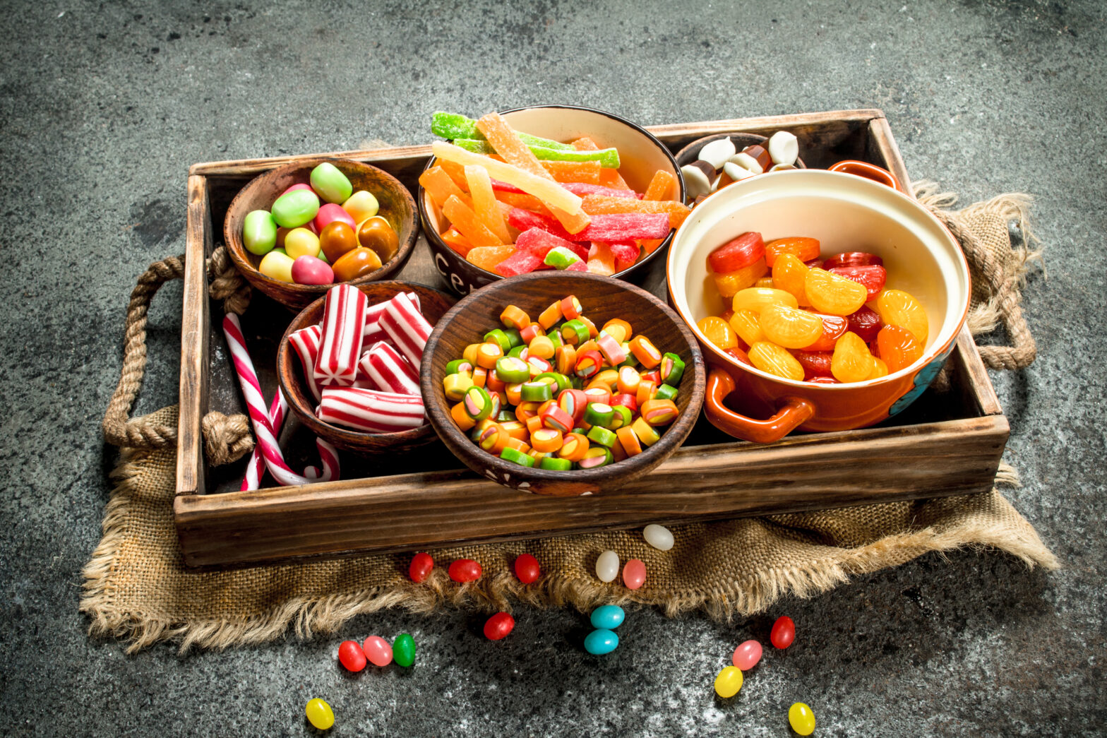 Various sweets, candies, jelly, marshmallows and candied fruits.